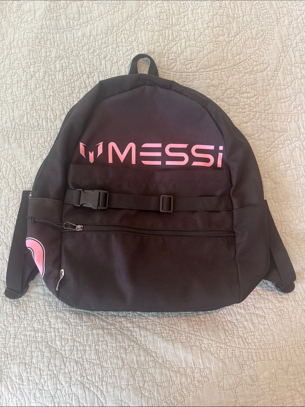 MESSI Black Backpack with Pink Logo - Unisex Everyday Backpack